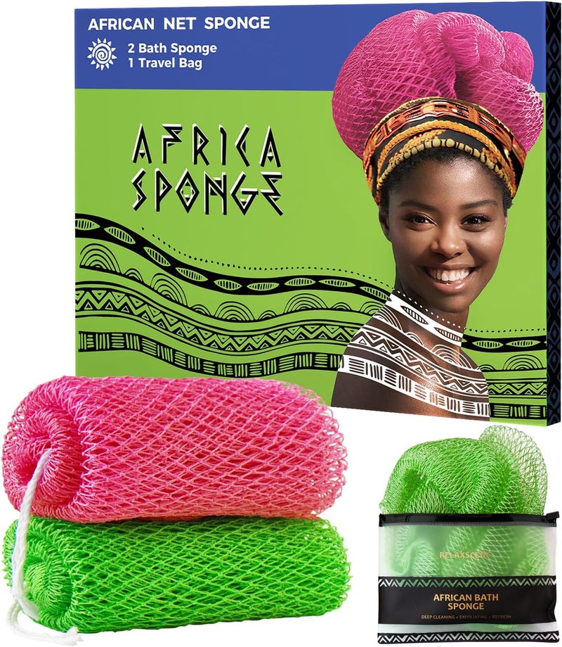 RelaxScene African Net Sponge Authentic - 2 Pieces Exfoliating Body Scrubber Bath Sponge Camellia&Green- Back Scrubber Washcloth for Shower - Real African Scrub Exfoliator Body Care Bathing Accessorie - Image 1
